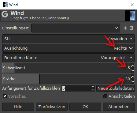 GIMP FIlter Wind Einstellungen