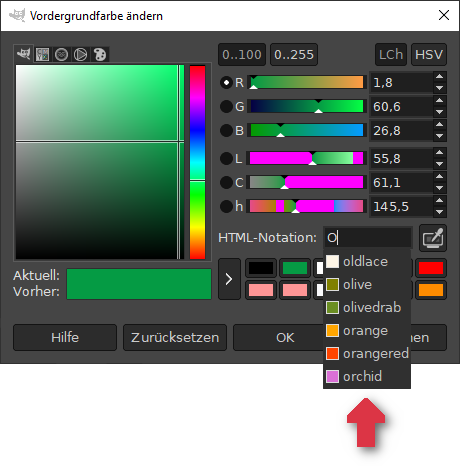 GIMP Farbe ändern aus Liste wählen