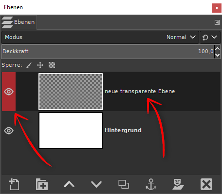 GIMP Ebenen mit neuer transparenter Ebene, rot markiert