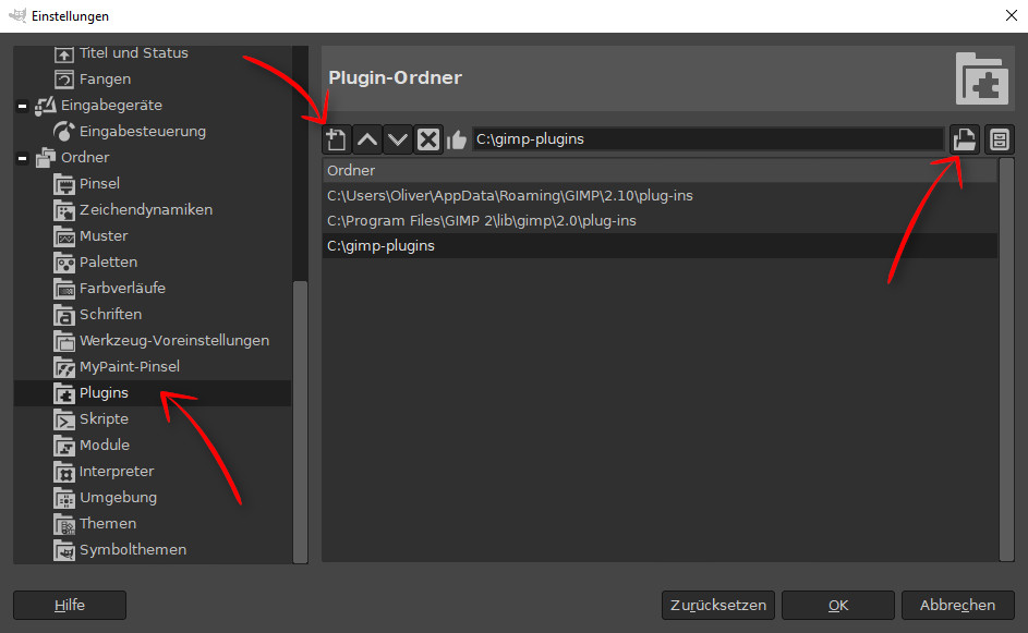 Plugin-Ordner in GIMP angeben