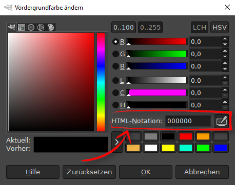 GIMP Farbe ändern HTML Notation