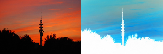 (v.n.l.n.r.) Hannovers Telemax beim Sonnenuntergang, Farben invertiert