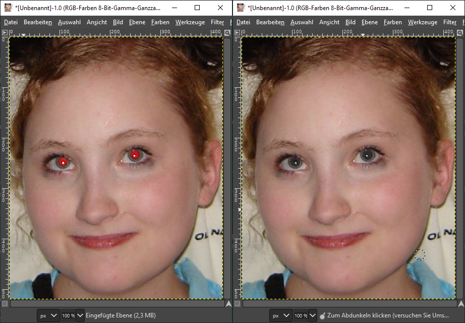 Links Ausgangsbild, rechts rote Augen mit GIMP korrigiert entfernt