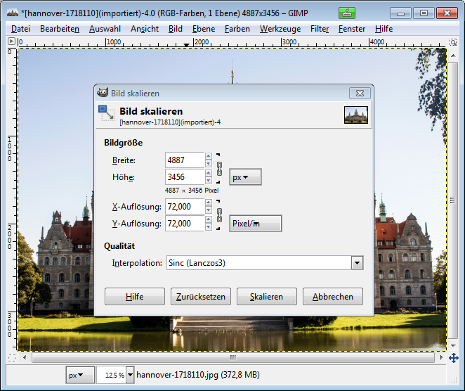 Dialog Bild skalieren zeigt die derzeitigen Werte