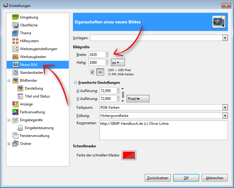 GIMP Voreinstellungen wenn ein neues Bild erzeugt wird