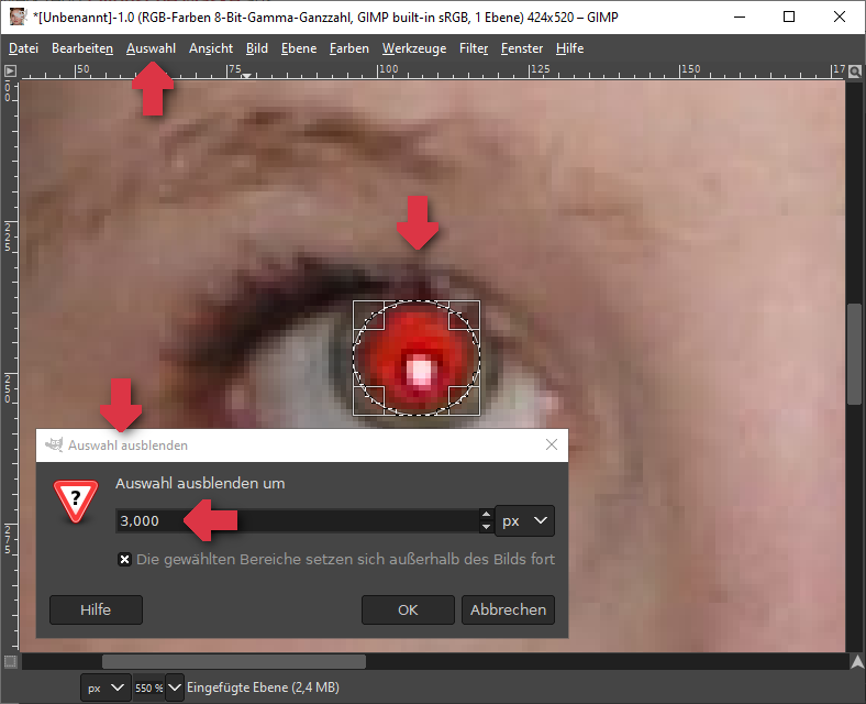 Rote Augen entfernen in vergrößerter Ansicht und mit Maske