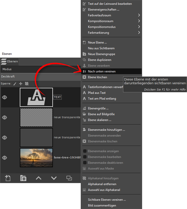 GIMP Text nach unten vereinen